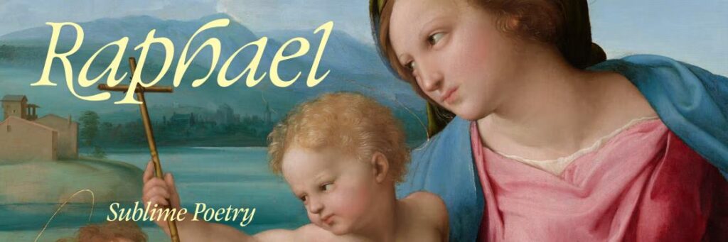 Raphael's artwork features a tender interaction between a woman and a child by a serene landscape, emphasizing connection and beauty.