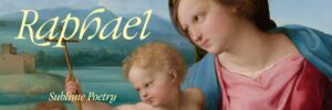 Raphael's artwork features a tender interaction between a woman and a child by a serene landscape, emphasizing connection and beauty.