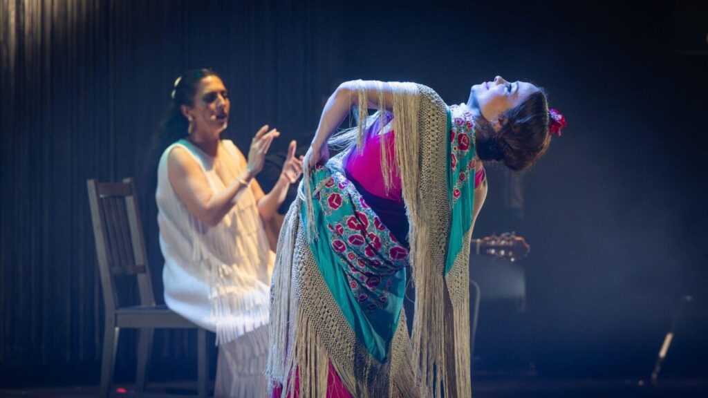 A dancer in a colorful costume performs energetically on stage, while a singer plays guitar in the background, creating a lively atmosphere.
